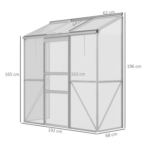 Rootz Lean-to Greenhouse - Sliding Door - Roof Window - Polycarbonate + Aluminum - Silver - 192 x 68 x 196 cm