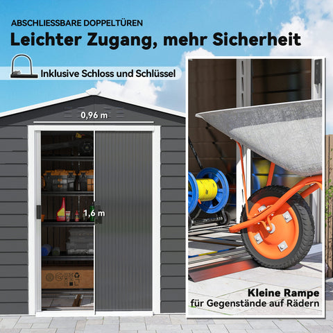 Rootz Metal Tool Shed - Weatherproof Storage, Outdoor Locker - Rustproof, Lockable, Secure - 240 x 206 x 198 cm - Grey, White