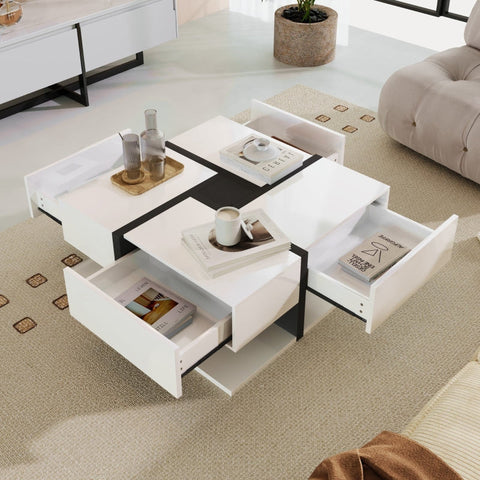 Rootz High Gloss Coffee Table - Modern Coffee Table - Stylish Living Room Table - Pull-Out Storage, Artistic Design - 78cm x 78cm x 36cm