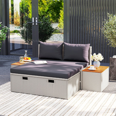 Rootz Poly Rattan Sun Lounger - Double Bed - Outdoor Recliner - Weather-Resistant - 125x114x72.5 cm Grey