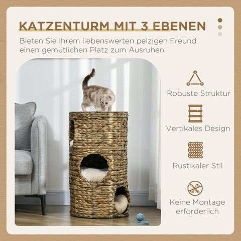 Rootz Cat Scratching Barrel - Cat Tower - Feline Hideout - Viewing Platform - Water Hyacinth - 40cm x 73cm - Dark Brown