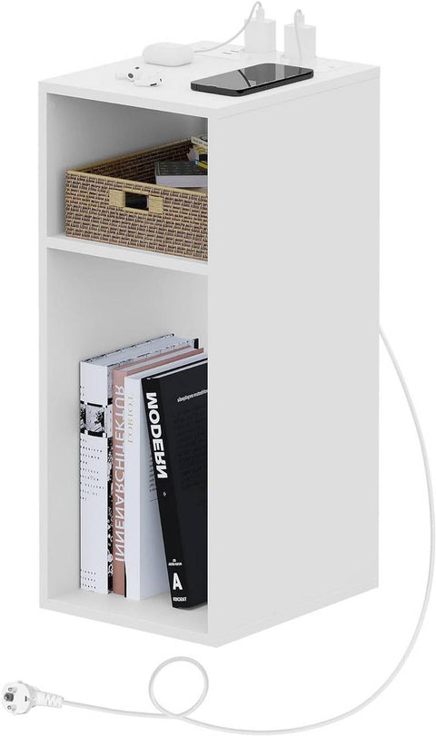 Rootz Bedside Table with Power Strip - Small Nightstand - Bedroom Night Table - E1 Engineered Wood - 25 x 60 x 30 cm - White - Black - Light Oak