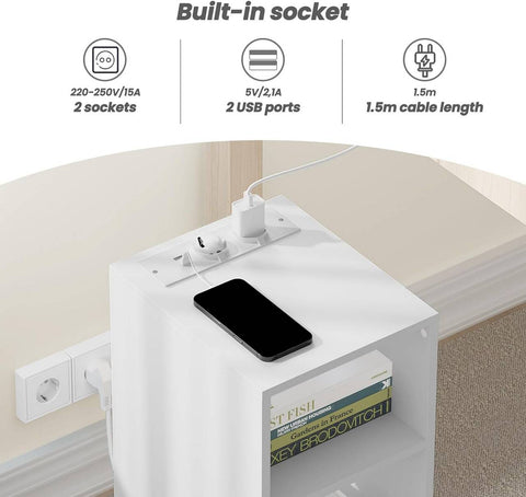 Rootz Bedside Table with power strip - Nightstand - Charging Station - Storage Space - 25cm x 60cm x 30cm