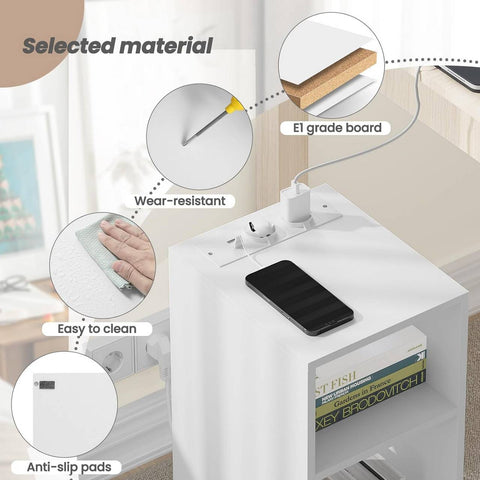 Rootz Bedside Table with Power Strip - Small Nightstand - Bedroom Night Table - E1 Engineered Wood - 25 x 60 x 30 cm - White - Black - Light Oak