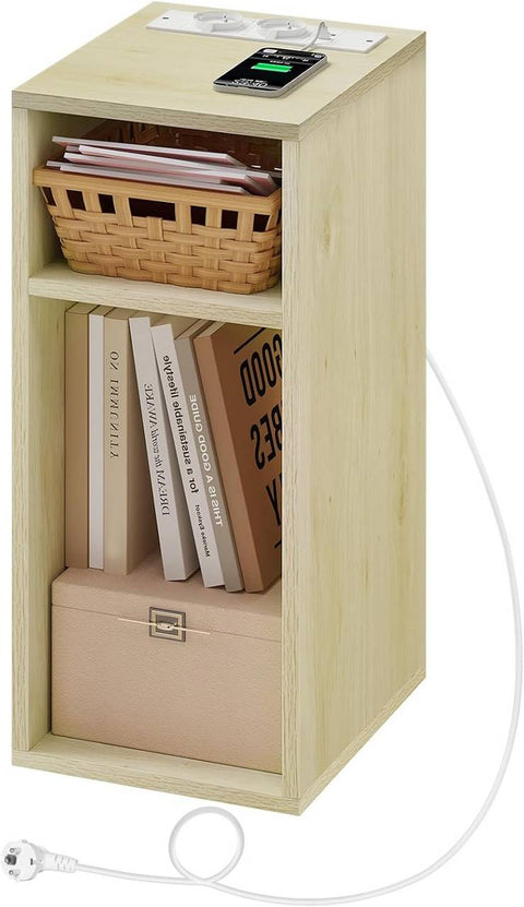 Rootz End Table with Charging Station - Bedside Table - 2 USB Ports - E1 Engineered Wood - 25 x 60 x 30 cm - Nightstand - White Cabinet