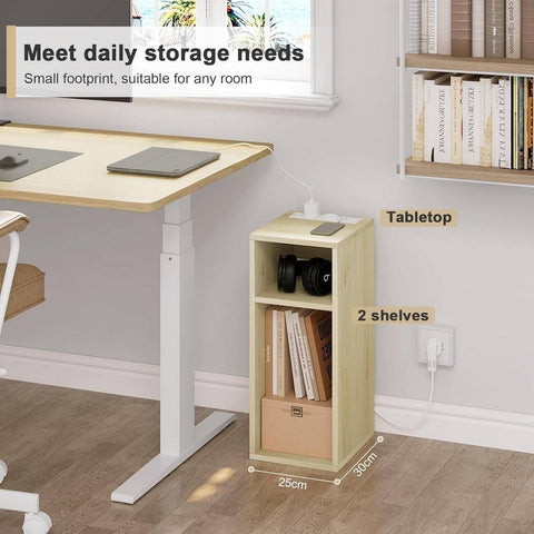 Rootz End Table with Charging Station - Bedside Table - 2 USB Ports - E1 Engineered Wood - 25 x 60 x 30 cm - Nightstand - White Cabinet