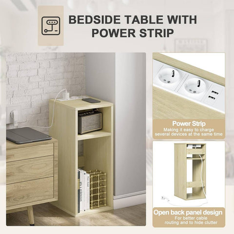 Rootz End Table with Charging Station - Bedside Table - 2 USB Ports - E1 Engineered Wood - 25 x 60 x 30 cm - Nightstand - White Cabinet