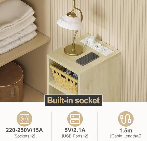 Rootz Bedside Table with Power Strip - Nightstand - Charging Station - Large Storage Space - E1 Engineered Wood - 25cm x 60cm x 30cm