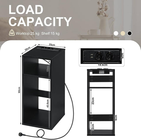 Rootz Bedside Table with Power Strip - Charging Station - Nightstand - Open Shelves - E1 Engineered Wood - 25cm x 60cm x 30cm