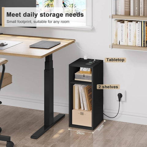 Rootz Bedside Table with Power Strip - Charging Station - Nightstand - Open Shelves - E1 Engineered Wood - 25cm x 60cm x 30cm