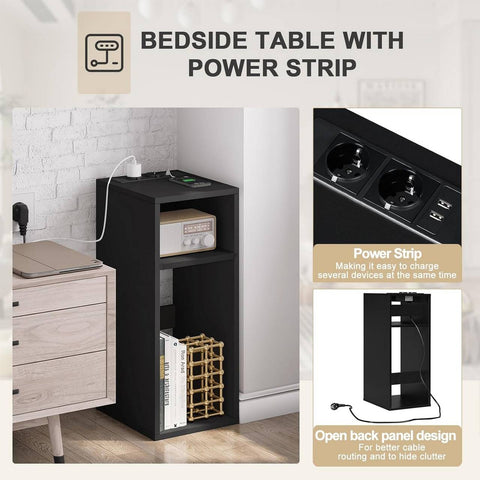 Rootz Bedside Table with Power Strip - Charging Station - Nightstand - Open Shelves - E1 Engineered Wood - 25cm x 60cm x 30cm
