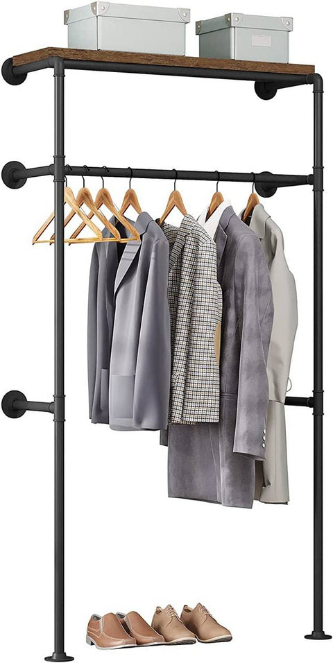 Rootz Industrial-Vintage Open Wardrobe - Wall-Mounted Clothes Rail - Storage Shelf - Durable & Space-Saving - Easy Access & Maintenance - Black + Vintage Wood Grain - 103cm x 35cm x 187cm