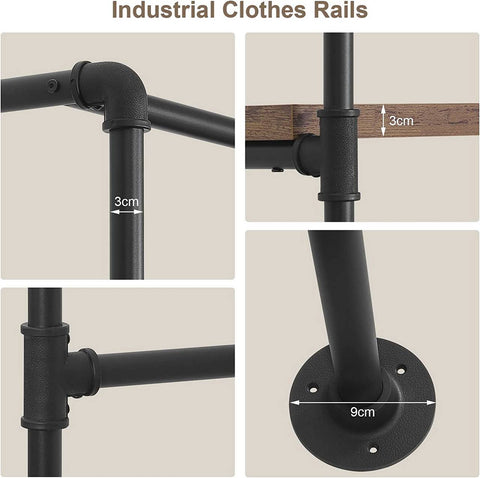 Rootz Industrial Vintage Wall-Mounted Clothes Rail - Space-Saving Wardrobe - Stylish Storage Solution - Efficient, Organized, Durable - MDF + Metal - 187.5cm x 35cm x 184cm