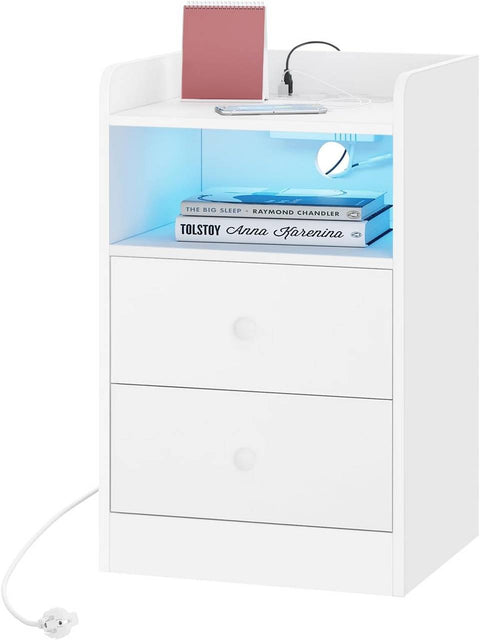 Rootz Bedside Table with Power Strip and LED Bar - Nightstand - Charging Table - E1 Wood Material - 40cm x 64cm x 35cm