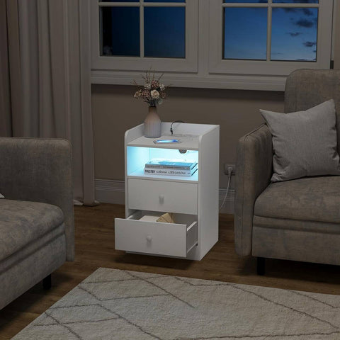 Rootz Bedside Table with Power Strip and LED Bar - Nightstand - Charging Table - E1 Wood Material - 40cm x 64cm x 35cm