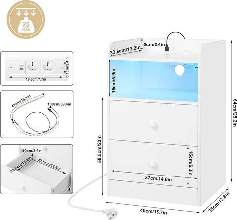 Rootz Bedside Table with Power Strip and LED Bar - Nightstand - Charging Table - E1 Wood Material - 40cm x 64cm x 35cm
