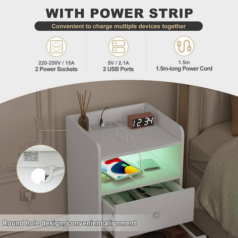 Rootz Bedside Table with Charging Ports - Nightstand with USB Ports - Adjustable LED Light - Large Storage Space - E1 Wood - 40cm x 64cm x 35cm