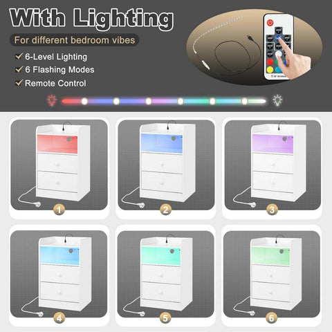 Rootz Bedside Table with Charging Ports - Nightstand with USB Ports - Adjustable LED Light - Large Storage Space - E1 Wood - 40cm x 64cm x 35cm