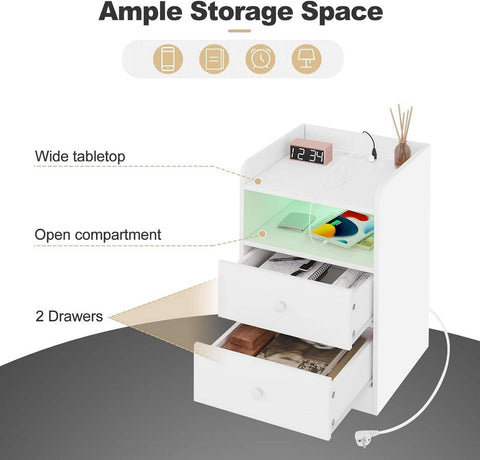 Rootz Bedside Table with Charging Ports - Nightstand with USB Ports - Adjustable LED Light - Large Storage Space - E1 Wood - 40cm x 64cm x 35cm