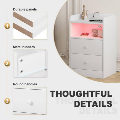 Rootz Bedside Table with Charging Ports - Nightstand with USB Ports - Adjustable LED Light - Large Storage Space - E1 Wood - 40cm x 64cm x 35cm