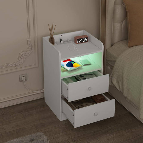 Rootz Bedside Table with Power Strip and LED Bar - Nightstand - Charging Table - E1 Wood Material - 40cm x 64cm x 35cm