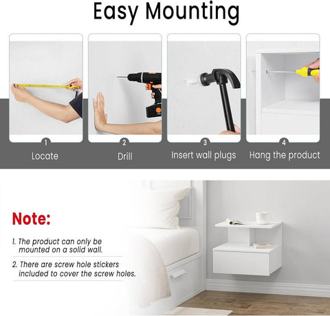 Rootz Wall-Mounted Bedside Table - Floating Nightstand - Scandinavian Nightstand - E1 Wood Material - 40cm x 31cm x 35cm