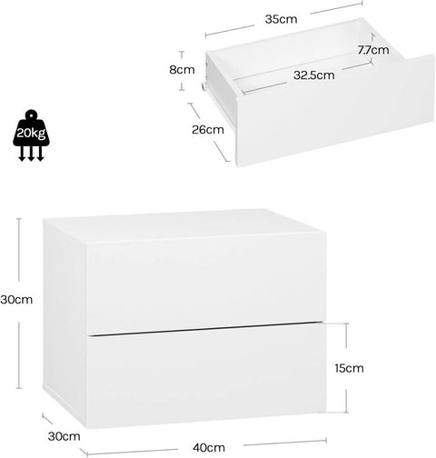 Rootz Hanging Night Cabinet - Wall Mounted Shelf - Floating Side Table - Space-Saving Modern Furniture - 40x30x30 cm - Stylish White