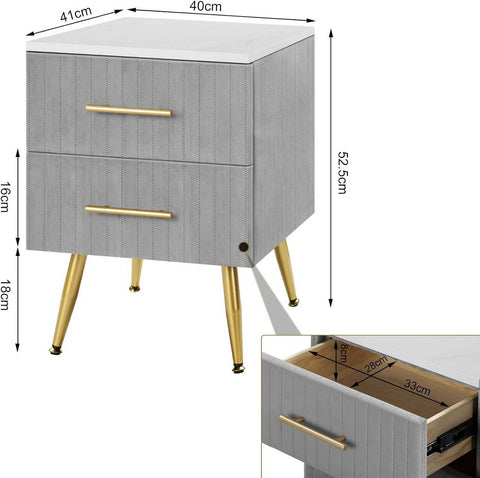 Rootz Bedside Table - Nightstand - Side Table - Marbled Top - Velvet - Large Storage - 40.5cm x 51cm x 41cm - Pink and Gray