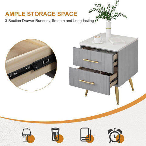 Rootz Bedside Table - Nightstand - Side Table - Marbled Top - Velvet - Large Storage - 40.5cm x 51cm x 41cm - Pink and Gray