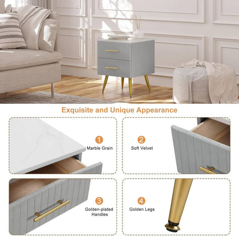 Rootz Velvet Bedside Table - Nightstand - Pink Gray - Large Storage Space - 40.5cm x 51cm x 41cm