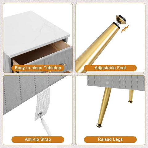 Rootz Bedside Table - Nightstand - Side Table - Marbled Top - Velvet - Large Storage - 40.5cm x 51cm x 41cm - Pink and Gray