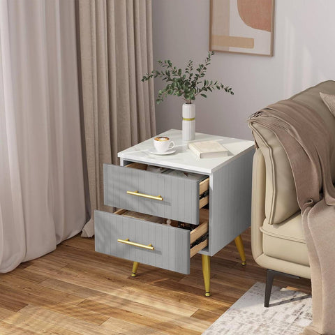 Rootz Bedside Table - Nightstand - Side Table - Marbled Top - Velvet - Large Storage - 40.5cm x 51cm x 41cm - Pink and Gray