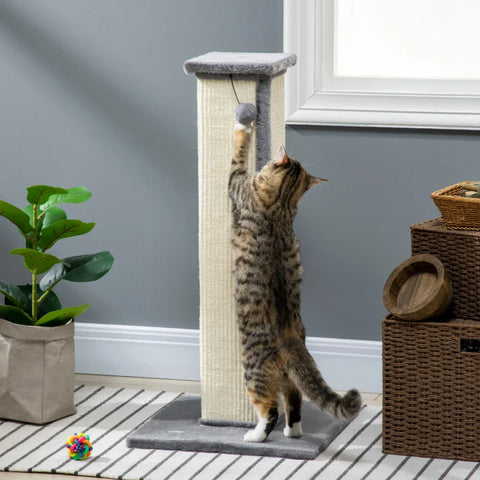 Rootz Cat Scratching Post with Toy Ball - Cat Scratcher - Plush - Sisal - Hanging Ball - Cream + Gray - 41cm x 41cm x 81cm