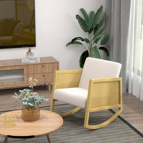Rootz Boho Rocking Chair - Recliner - Glider - Soft Padding - Natural Rattan Decor - 60cm x 76cm x 74cm - Rubber Wood Frame - Cream