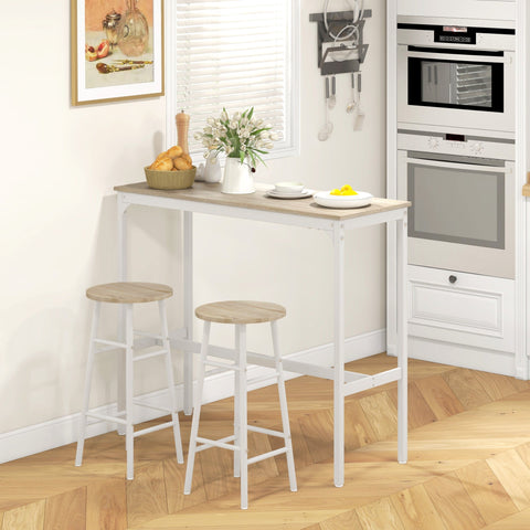 Rootz 3 Piece High Table Set - Bar Set - Dining Set - Space-Saving Design - 105x40x90cm, Stools 30x60cm - Steel & MDF, White- Brown