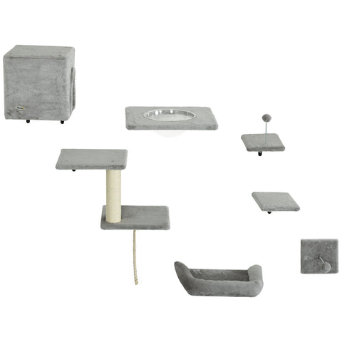 Rootz 7-Part Cat Climbing Wall Set - Cat Playhouse - Feline Activity Center - Space-Saving - Grey & White - Bed: 42cm x 36cm x 8cm