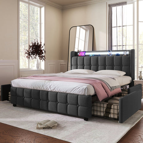 Rootz Modern Double Bed - LED Light Bed - USB Charging Bed - Functional Design - 144.5cm x 220cm x 103.5cm