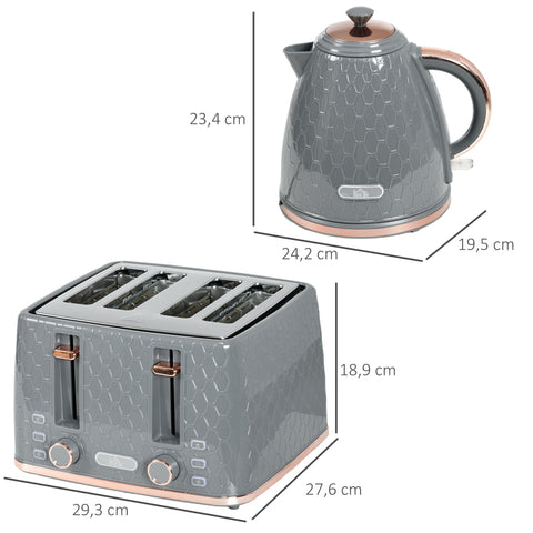 Rootz Kitchen Set - Toaster & Kettle Combo - Breakfast Appliances - Grey - 1.7L Quick Cook - 24.2x19.5x23.4cm Kettle, 27.6x18.9cm Toaster