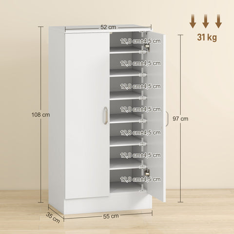 Rootz Shoe Cabinet - Footwear Organizer - Shoe Storage Unit - Soft-Close Hinges - 55 x 35 x 108 cm - Stores 14 Pairs - White