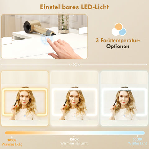 Rootz Dressing Table - Vanity Desk - Makeup Station - LED Mirror, Sockets, Storage - Organized Morning Routine - 118x78x135cm, White