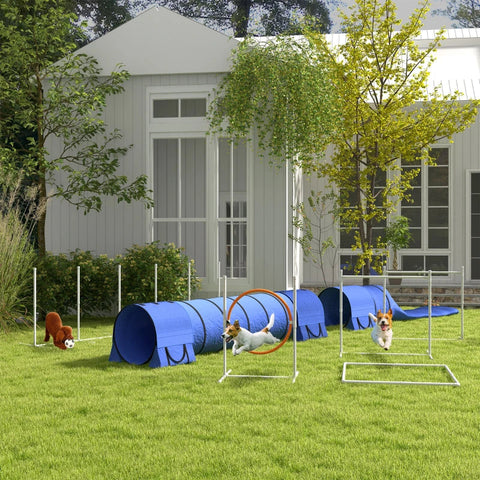 Rootz Dog Agility Set - 1 Hoop - Dog Course - 2 Tunnels - 2 Hurdles - U-shaped Ground Spike - Carry Bag - Plastic-ABS-oxford - White-orange-blue - 321 cm x 63c m x 93 cm