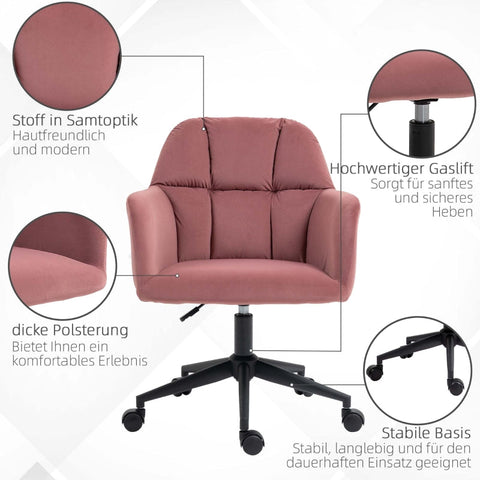 Rootz Pink Velvet Swivel Office Chair - Modern Desk Chair - Height Adjustable - Skin-Friendly Padding - 58cm x 58.5cm x 78-86cm