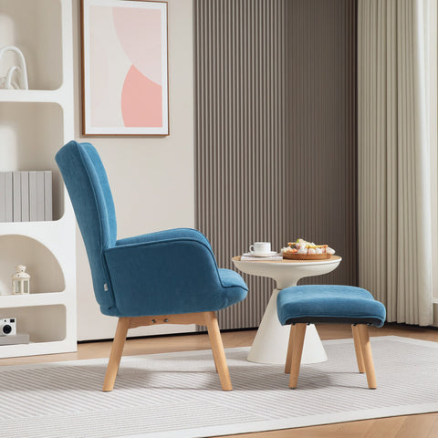 Rootz Accent Chair with Stool - Relaxation Chair - Armchair Set - Comfort with Wooden Legs - 72cm x 80cm x 101cm - Blue
