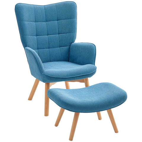 Rootz Accent Chair with Stool - Relaxation Chair - Armchair Set - Comfort with Wooden Legs - 72cm x 80cm x 101cm - Blue