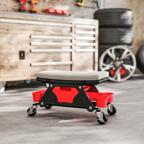 Rootz Workshop Stool with Wheels - Rolling Stool - Mechanic Seat - 135kg Capacity - 64.5cm x 33cm x 35cm - Grey and Red