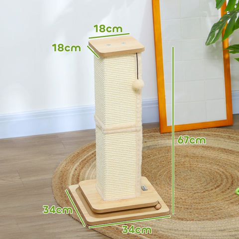 Rootz 3-in-1 Scratching Post - Cat Play Rail - Interactive Play Ball - Sisal-covered Post - MDF Base - 34L x 34W x 67H cm