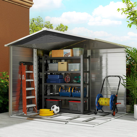 Rootz Metal Tool Shed - Weatherproof Storage, Outdoor Locker - Rustproof, Lockable, Secure - 240 x 206 x 198 cm - Grey, White