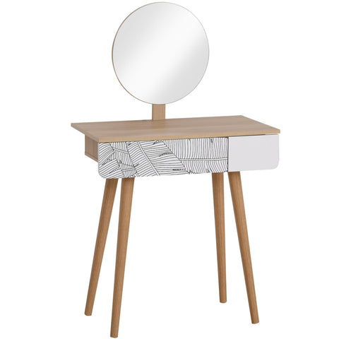 Rootz White+Brown Dressing Table - Vanity Table - Cosmetic Table - Large Drawer & Adjustable Mirror - 70cm x 39cm x 119-128cm
