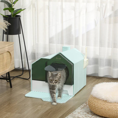 Rootz Cat Litter Box - Hut Design - 1 Strainer - 1 Litter Scoop - Removable Base Tray - Plastic - ABS - Green - White - 47L x 45W x 42H cm