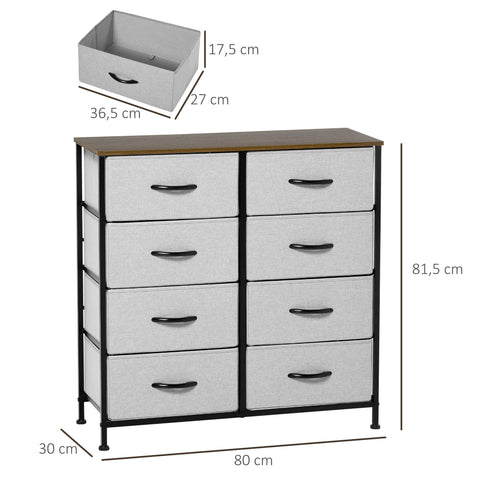 Rootz Chest of Drawers - Storage Organizer - Fabric Dresser - 8 Fabric Drawers - Metal Frame - 80x30x81.5 cm - Grey-Brown
